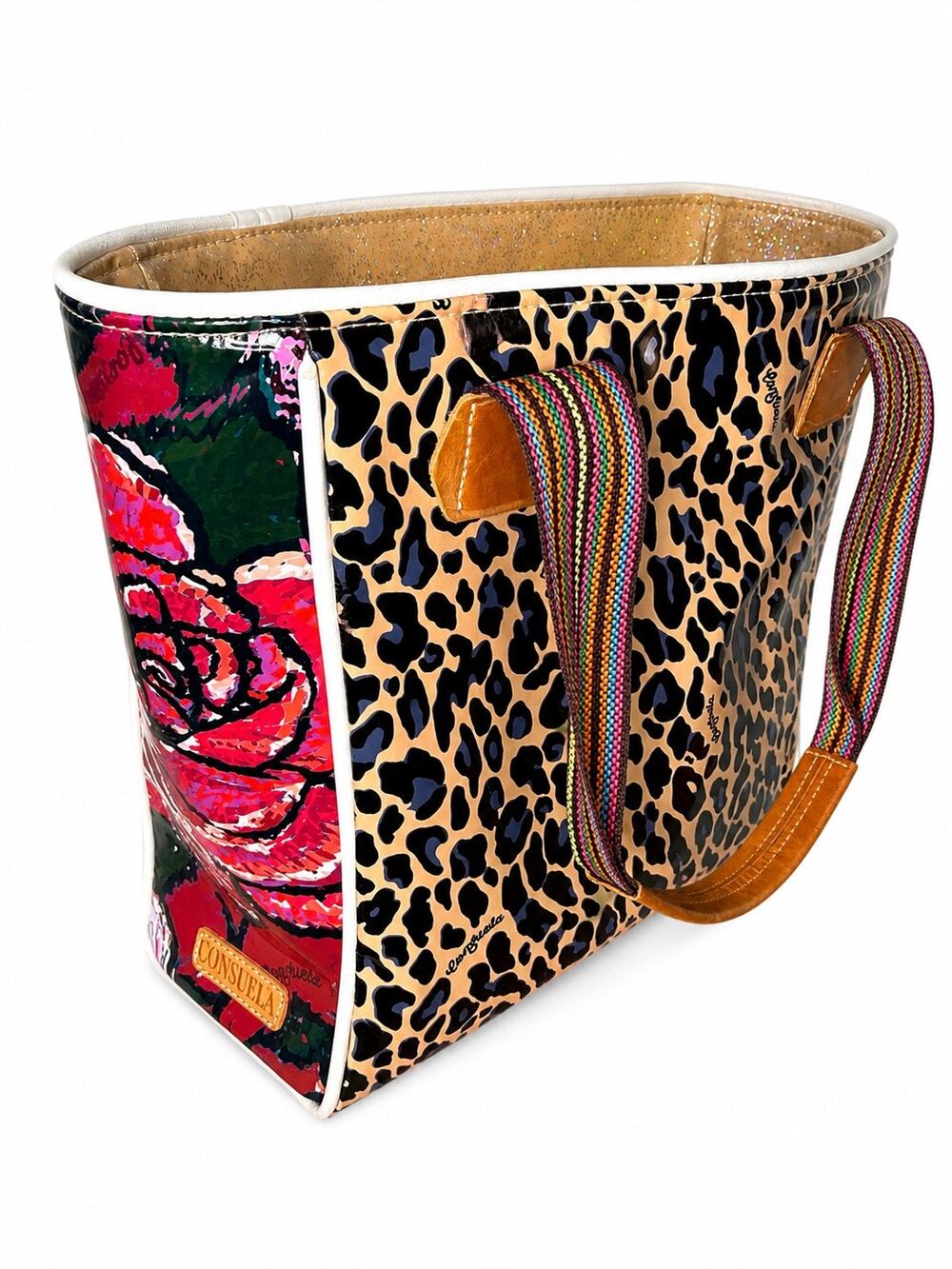 Consuela Large Tote Bag Rose Floral Leopard Print Colorful Boho
